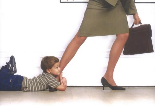 Child grabs for his mom, who is leaving for work